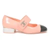 Pink and black patent leather square-toe Mary Jane pumps with Coco Mark instep strap and mirrored stacked heels