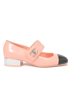 Pink and black patent leather square-toe Mary Jane pumps with Coco Mark instep strap and mirrored stacked heels