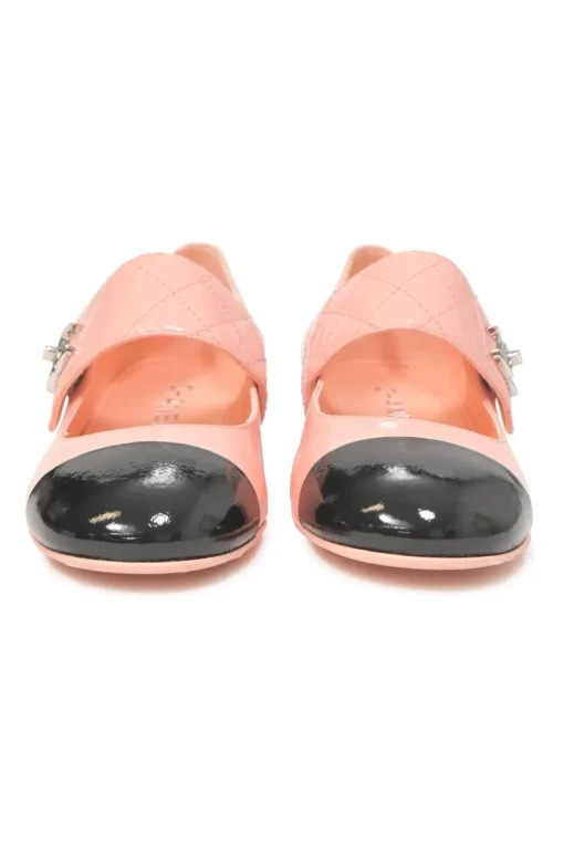 Pink and black patent leather square-toe Mary Jane pumps with Coco Mark instep strap and mirrored stacked heels