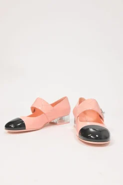 Pink and black patent leather square-toe Mary Jane pumps with Coco Mark instep strap and mirrored stacked heels