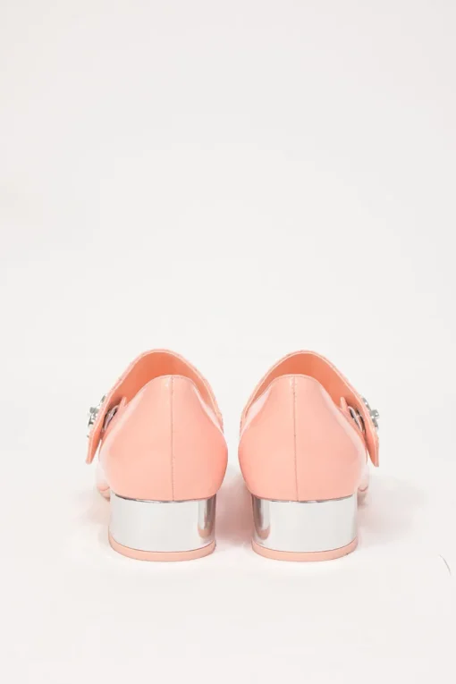 Pink and black patent leather square-toe Mary Jane pumps with Coco Mark instep strap and mirrored stacked heels