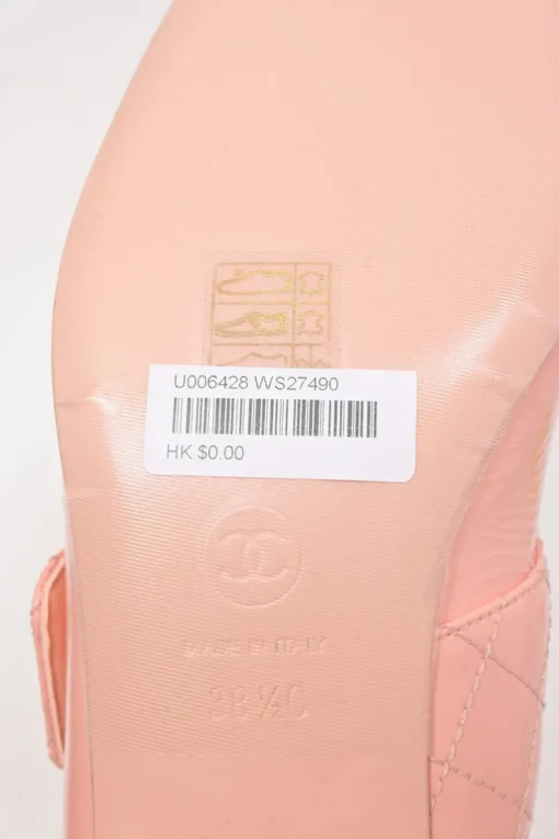 Pink and black patent leather square-toe Mary Jane pumps with Coco Mark instep strap and mirrored stacked heels