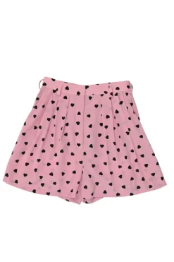 Pink and black silk heart print pull-on high-rise pleated wide-leg shorts
