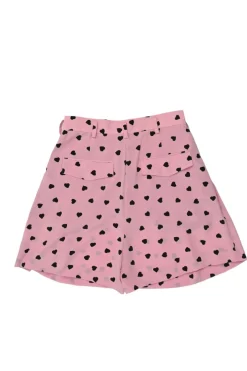 Pink and black silk heart print pull-on high-rise pleated wide-leg shorts