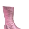 Pink and green mismatched foiled calf leather square-toe kitten heel Lord boots