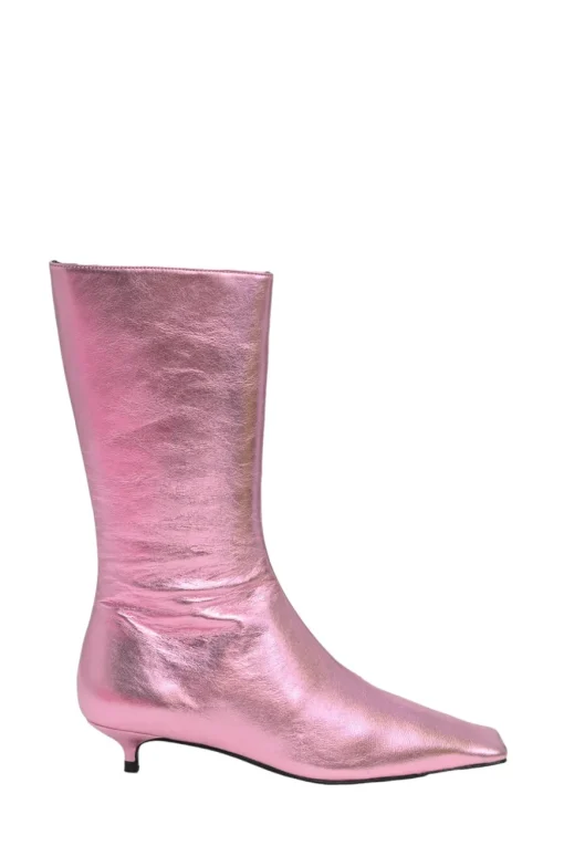 Pink and green mismatched foiled calf leather square-toe kitten heel Lord boots