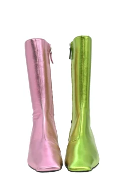 Pink and green mismatched foiled calf leather square-toe kitten heel Lord boots