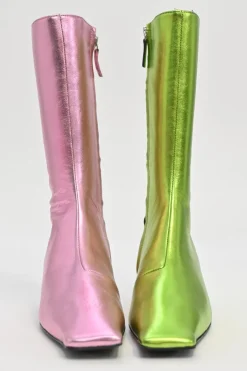 Pink and green mismatched foiled calf leather square-toe kitten heel Lord boots