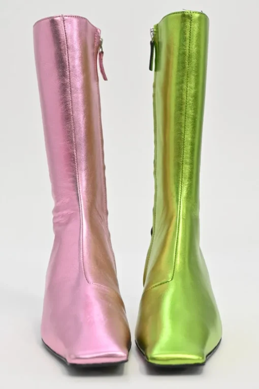 Pink and green mismatched foiled calf leather square-toe kitten heel Lord boots