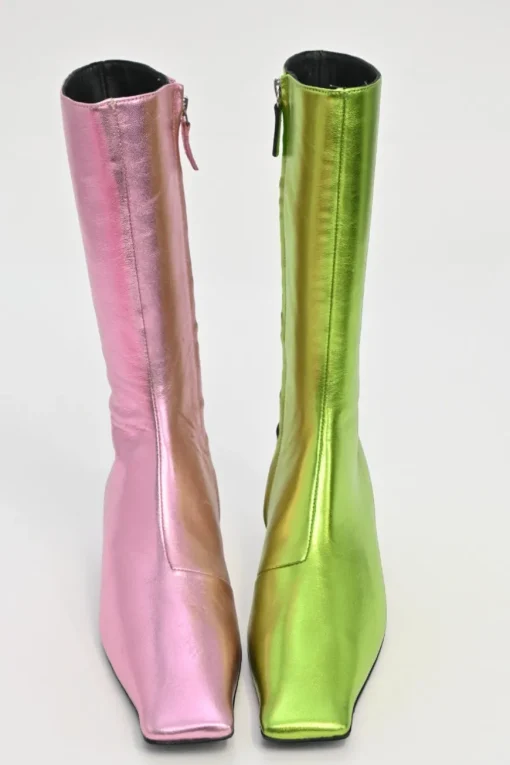 Pink and green mismatched foiled calf leather square-toe kitten heel Lord boots