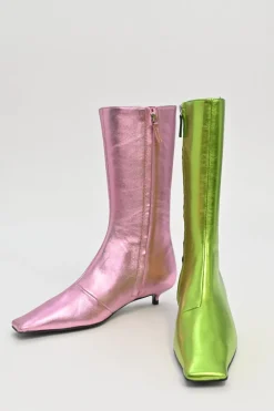 Pink and green mismatched foiled calf leather square-toe kitten heel Lord boots