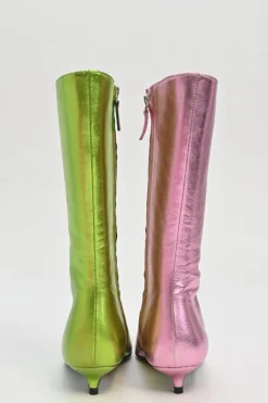 Pink and green mismatched foiled calf leather square-toe kitten heel Lord boots