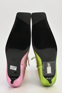 Pink and green mismatched foiled calf leather square-toe kitten heel Lord boots