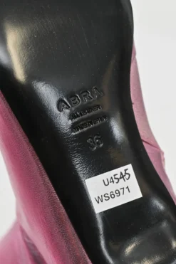 Pink and green mismatched foiled calf leather square-toe kitten heel Lord boots