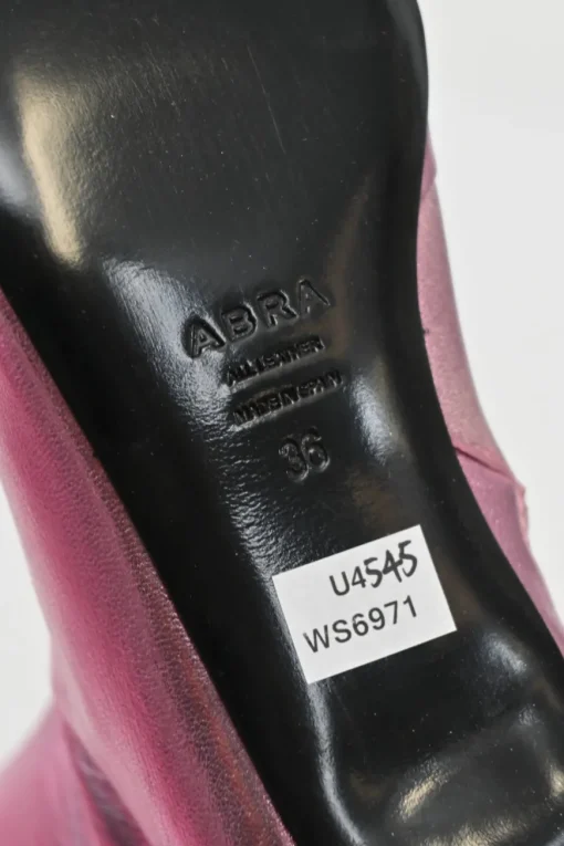 Pink and green mismatched foiled calf leather square-toe kitten heel Lord boots