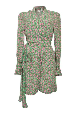 Pink and green viscose-blend abstract graphic print shawl collar tie-waist wrap-front romper