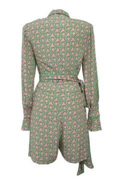 Pink and green viscose-blend abstract graphic print shawl collar tie-waist wrap-front romper