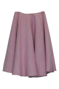 Pink and ivory bias-cut wool gingham tweed pull-on knee-length circle skirt