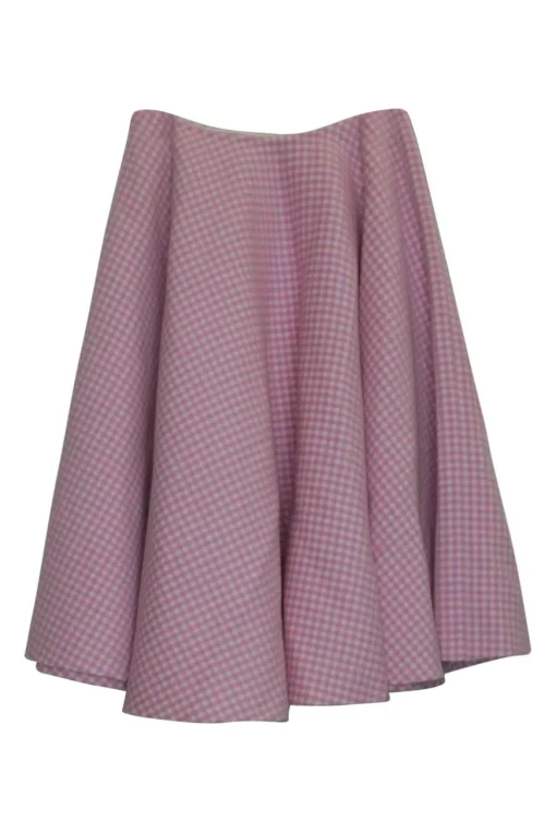 Pink and ivory bias-cut wool gingham tweed pull-on knee-length circle skirt