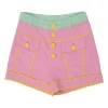 Pink and mint cotton pull-on high-rise piped sailor shorts with exposed button fly