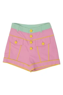 Pink and mint cotton pull-on high-rise piped sailor shorts with exposed button fly