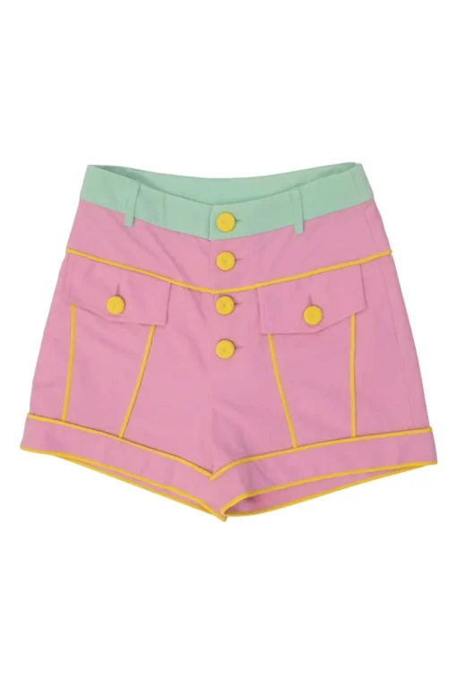 Pink and mint cotton pull-on high-rise piped sailor shorts with exposed button fly