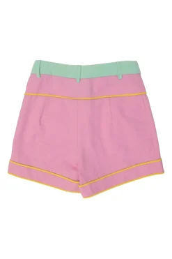 Pink and mint cotton pull-on high-rise piped sailor shorts with exposed button fly