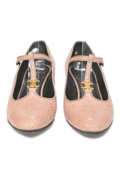 Pink Ayers leather Babies T-Bar pumps with signature gold-tone metal Triomphe motif and grosgrain trimming