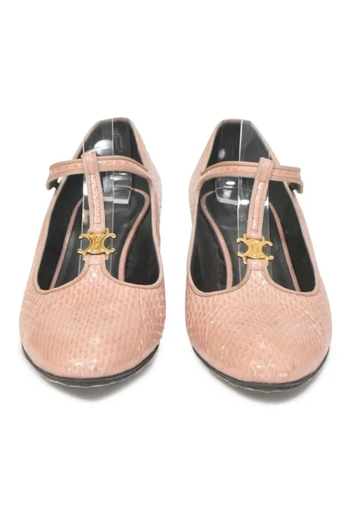 Pink Ayers leather Babies T-Bar pumps with signature gold-tone metal Triomphe motif and grosgrain trimming