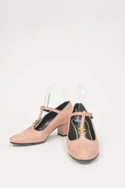 Pink Ayers leather Babies T-Bar pumps with signature gold-tone metal Triomphe motif and grosgrain trimming