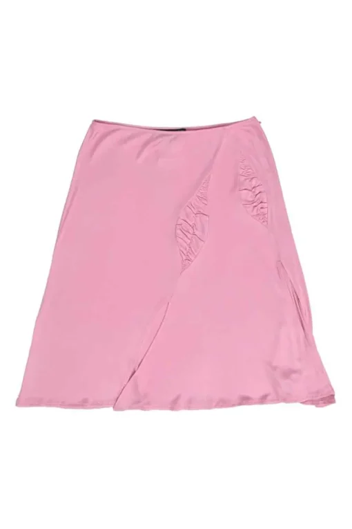 Pink bias-cut acetate-blend slip mini skirt with side slit and ruched hip inserts