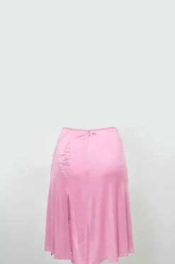 Pink bias-cut acetate-blend slip mini skirt with side slit and ruched hip inserts