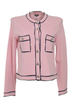 Pink cashmere button-front cardigan jacket with metallic No. 5 house code shank buttons