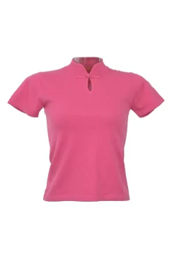 Pink cashmere stand collar keyhole-front short sleeve pullover knit top with frog button fastening