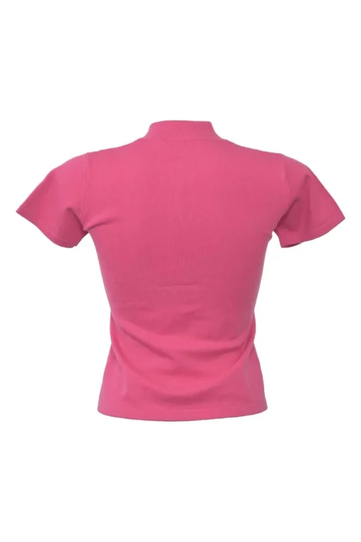 Pink cashmere stand collar keyhole-front short sleeve pullover knit top with frog button fastening