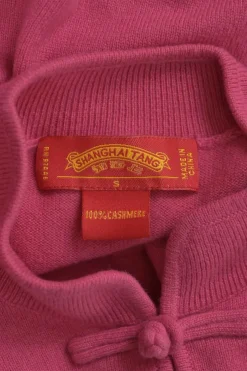 Pink cashmere stand collar keyhole-front short sleeve pullover knit top with frog button fastening