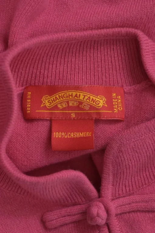 Pink cashmere stand collar keyhole-front short sleeve pullover knit top with frog button fastening
