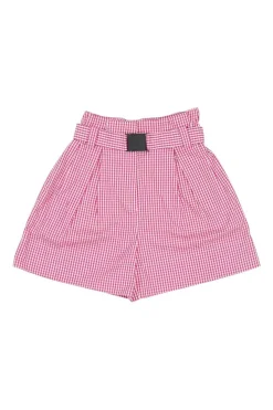 Pink cotton voile Vichy square check pull-on high-rise belted paperbag waist pleated shorts