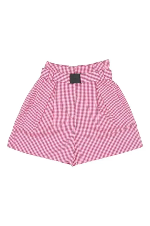 Pink cotton voile Vichy square check pull-on high-rise belted paperbag waist pleated shorts