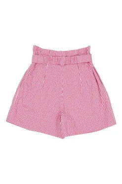 Pink cotton voile Vichy square check pull-on high-rise belted paperbag waist pleated shorts