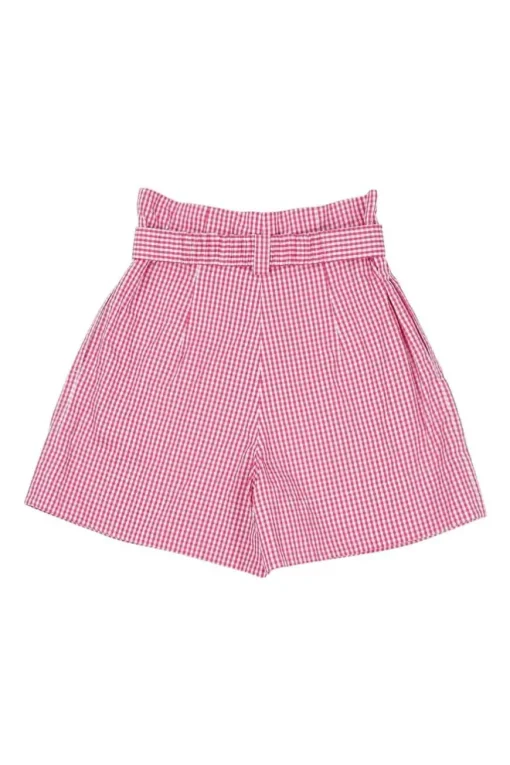 Pink cotton voile Vichy square check pull-on high-rise belted paperbag waist pleated shorts