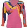Pink cotton wrap-effect intarsia knit V-neck pullover sweater with frog button fastening