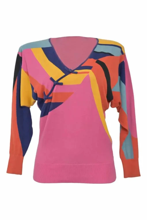 Pink cotton wrap-effect intarsia knit V-neck pullover sweater with frog button fastening