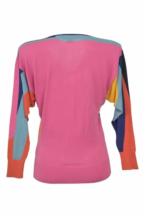 Pink cotton wrap-effect intarsia knit V-neck pullover sweater with frog button fastening
