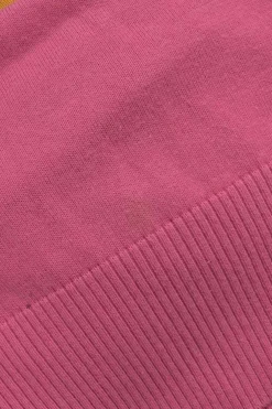 Pink cotton wrap-effect intarsia knit V-neck pullover sweater with frog button fastening