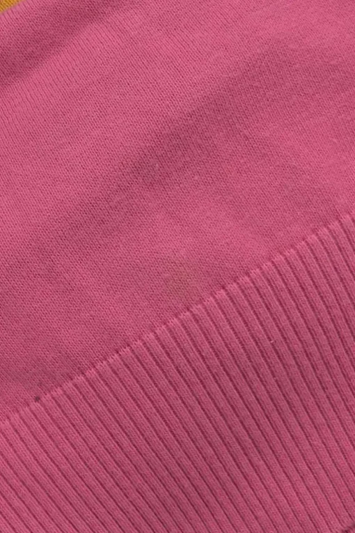 Pink cotton wrap-effect intarsia knit V-neck pullover sweater with frog button fastening