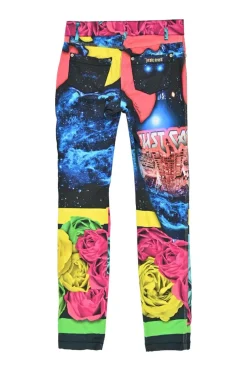 Pink cotton-blend galaxy floral digi patchwork print low-rise pull-on skinny jeans