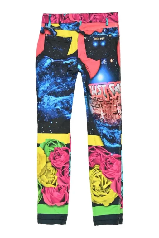 Pink cotton-blend galaxy floral digi patchwork print low-rise pull-on skinny jeans