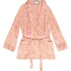 Pink crinkle viscose floral print short tie-waist lounge robe and short set