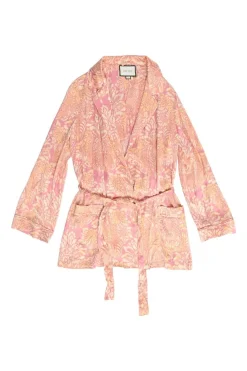 Pink crinkle viscose floral print short tie-waist lounge robe and short set